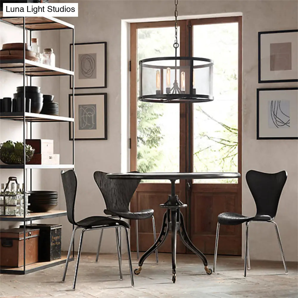 Drum Dining Table Suspension Light Warehouse Metal 4/8 Lights Black Chandelier Pendant With Mesh