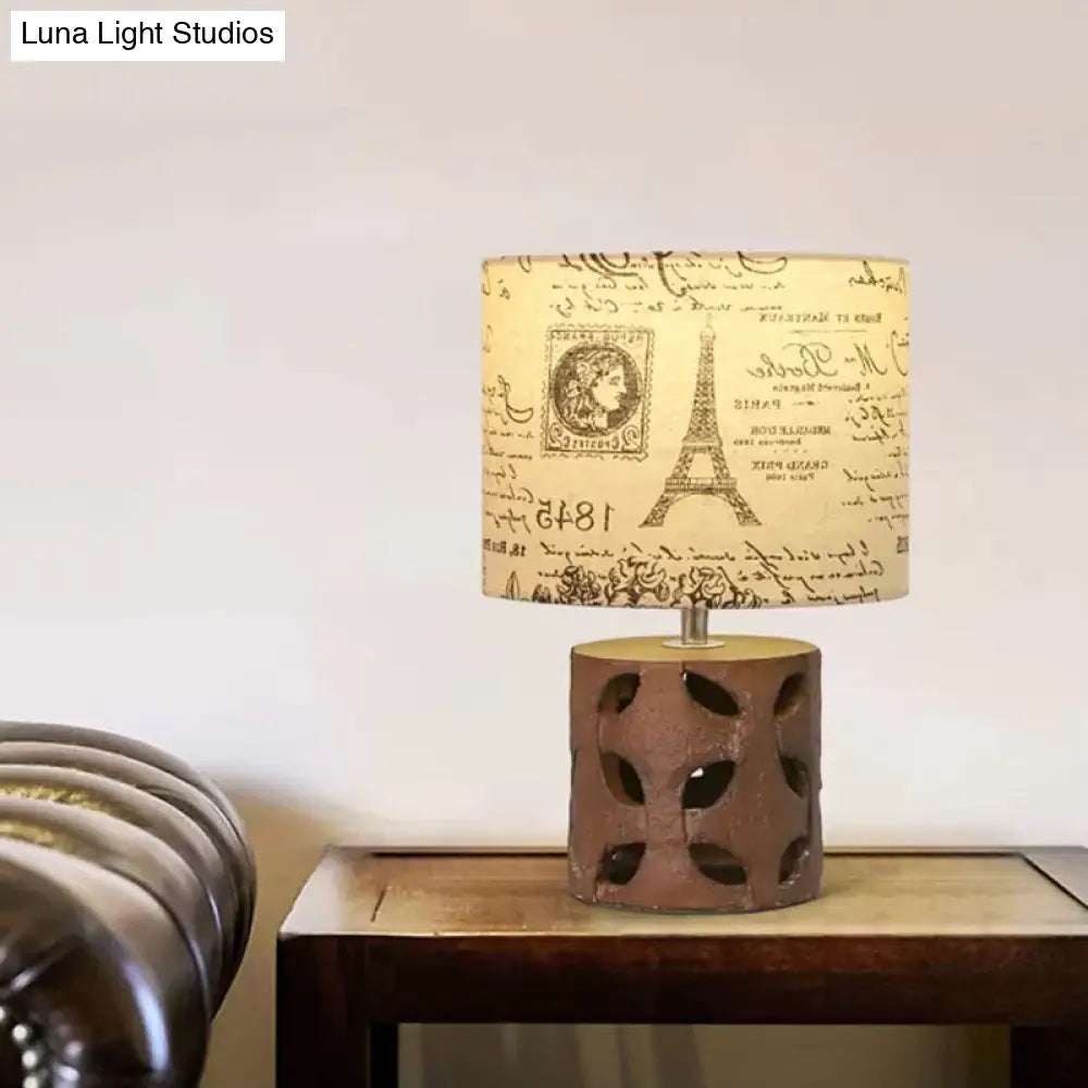 Drum Living Room Table Light: Country Fabric 1-Light Beige Script Print Desk Lamp With Resin Etched