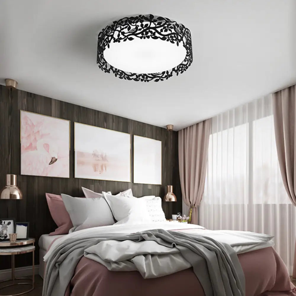 Drum Metal Flush Mount Led Ceiling Light In White/Black Traditional Style 17’/21.5’ Wide Black / 17’