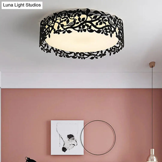 Drum Metal Flush Mount Led Ceiling Light In White/Black Traditional Style 17/21.5 Wide