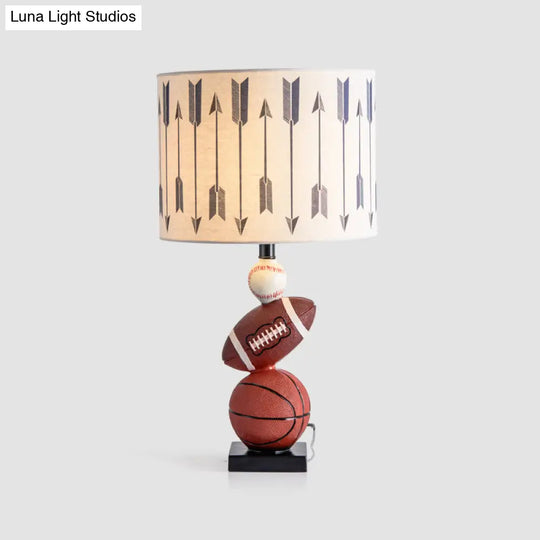Drum Night Table Lamp: White Cartoon Print Bulb Included Fabric Shade With Decorative Balls+