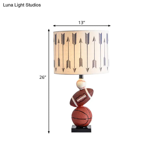 Drum Night Table Lamp: White Cartoon Print Bulb Included Fabric Shade With Decorative Balls+