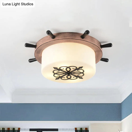 Drum Parlor Flush Mount Light - Modern Led Ceiling Fixture With Unique Rudder Design In Brown/Blue