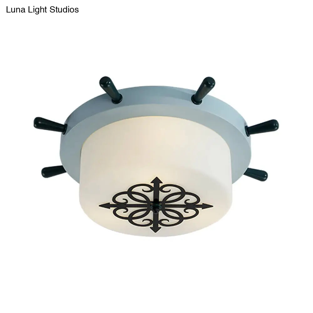 Drum Parlor Flush Mount Light - Modern Led Ceiling Fixture With Unique Rudder Design In Brown/Blue