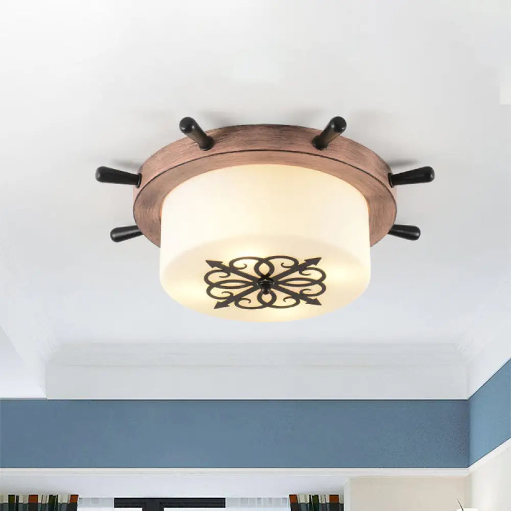 Drum Parlor Flush Mount Light - Modern Led Ceiling Fixture With Unique Rudder Design In Brown/Blue