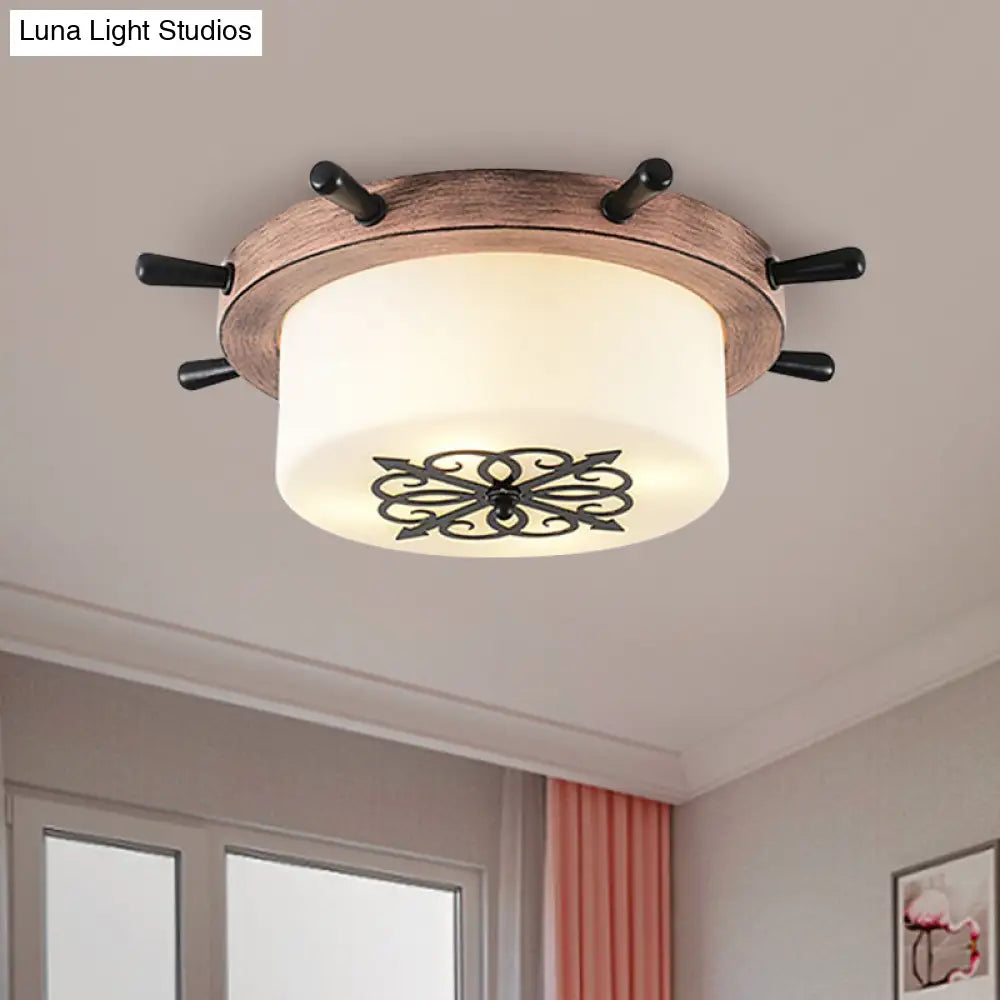 Drum Parlor Flush Mount Light - Modern Led Ceiling Fixture With Unique Rudder Design In Brown/Blue