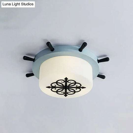 Drum Parlor Flush Mount Light - Modern Led Ceiling Fixture With Unique Rudder Design In Brown/Blue