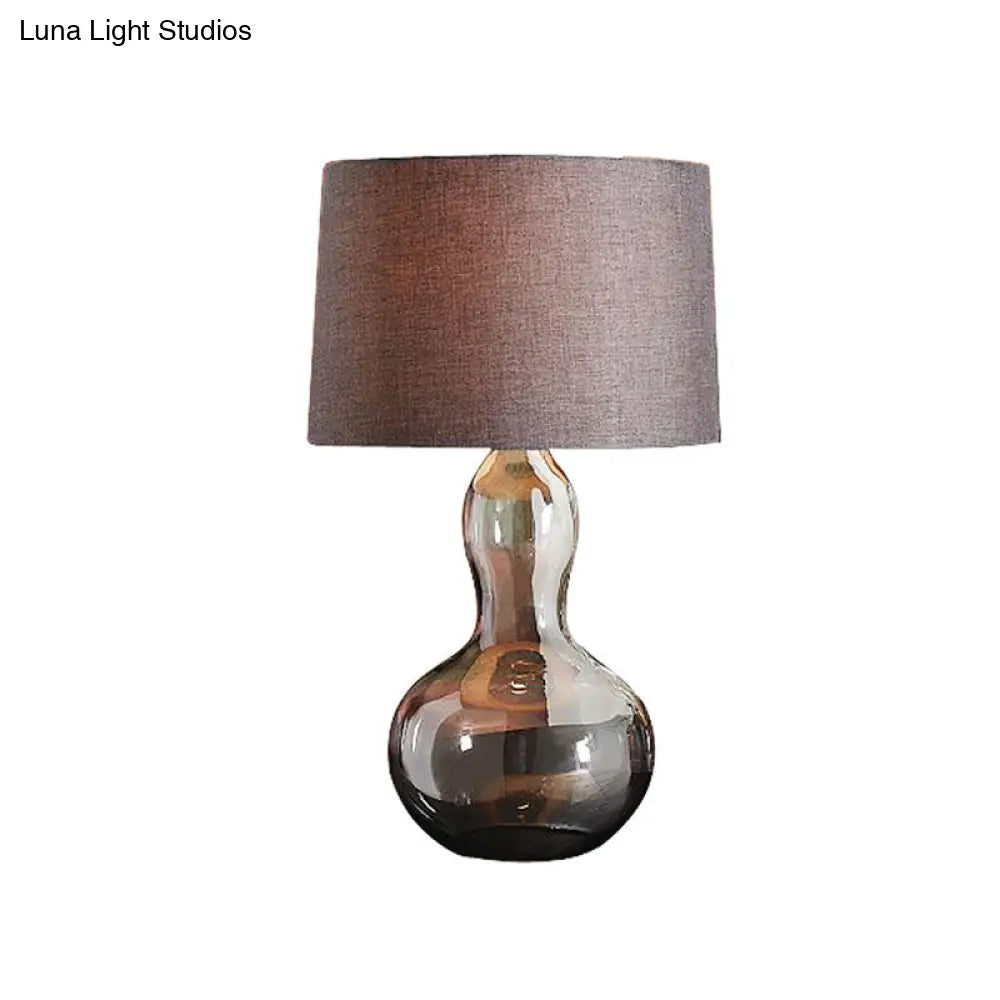 Drum Shade Nightstand Light - Countryside Brown Fabric Lamp With Smoke Glass Gourd Base