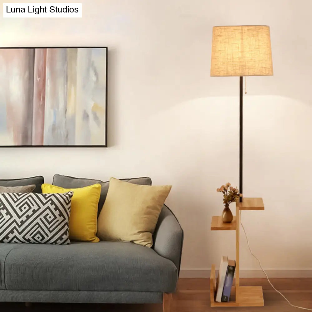 Drum Shaped Led Floor Lamp With Wood Shelf - Contemporary Fabric Standing Light For Living Room