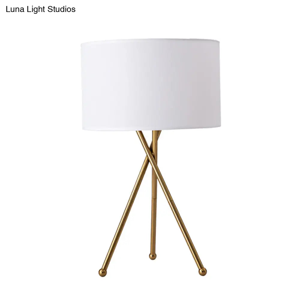 Drum Shaped Table Lamp With Metallic Tripod: Artistic Nightstand Light