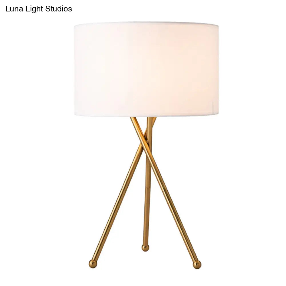 Drum Shaped Table Lamp With Metallic Tripod: Artistic Nightstand Light