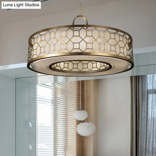 Drum Style 3-Light Chandelier Brass Hanging Ceiling Lamp In Gold Pendant Lighting