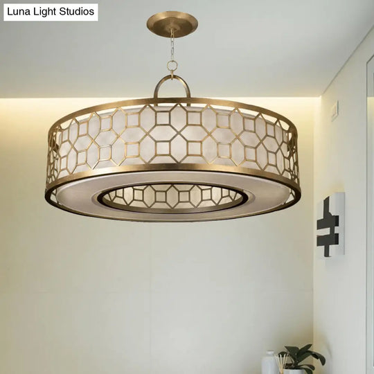 Drum Style 3-Light Chandelier Brass Hanging Ceiling Lamp In Gold Pendant Lighting