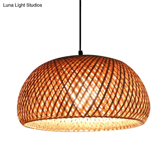 Dual Dome Bamboo Hanging Light - 12/15 Wide Pendant Lamp Beige Shade Asian-Inspired Parlor Lighting