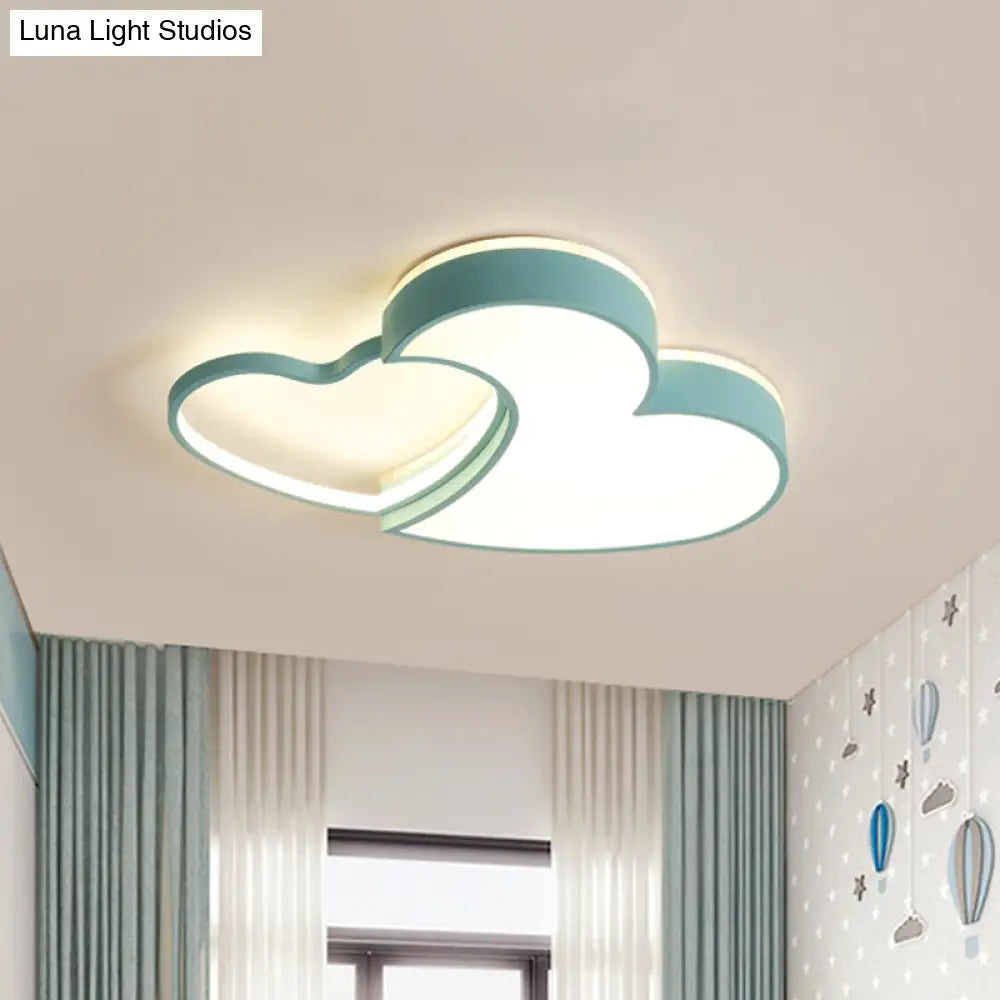 Dual-Heart Kids Flush Light: Acrylic Macaron Led Ceiling Lamp In Pink/Blue/Gold 21.5/25.5 Wide Blue