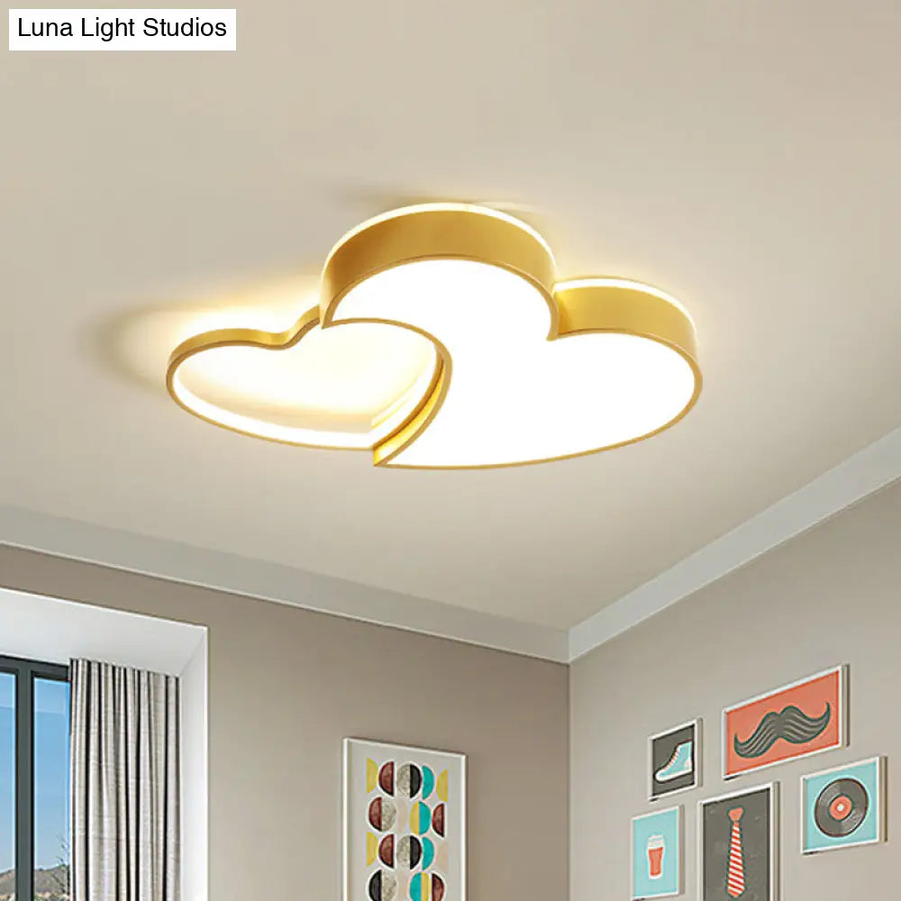 Dual-Heart Kids Flush Light: Acrylic Macaron Led Ceiling Lamp In Pink/Blue/Gold 21.5/25.5 Wide