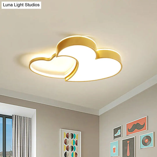 Dual-Heart Kids Flush Light: Acrylic Macaron Led Ceiling Lamp In Pink/Blue/Gold 21.5/25.5 Wide