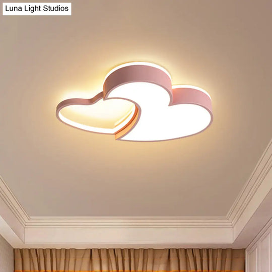 Dual-Heart Kids Flush Light: Acrylic Macaron Led Ceiling Lamp In Pink/Blue/Gold 21.5/25.5 Wide