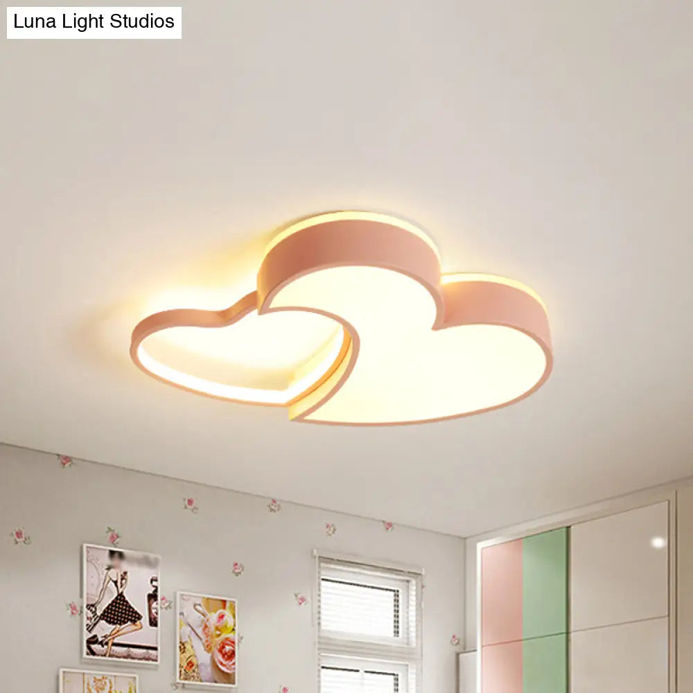 Dual-Heart Kids Flush Light: Acrylic Macaron Led Ceiling Lamp In Pink/Blue/Gold 21.5/25.5 Wide