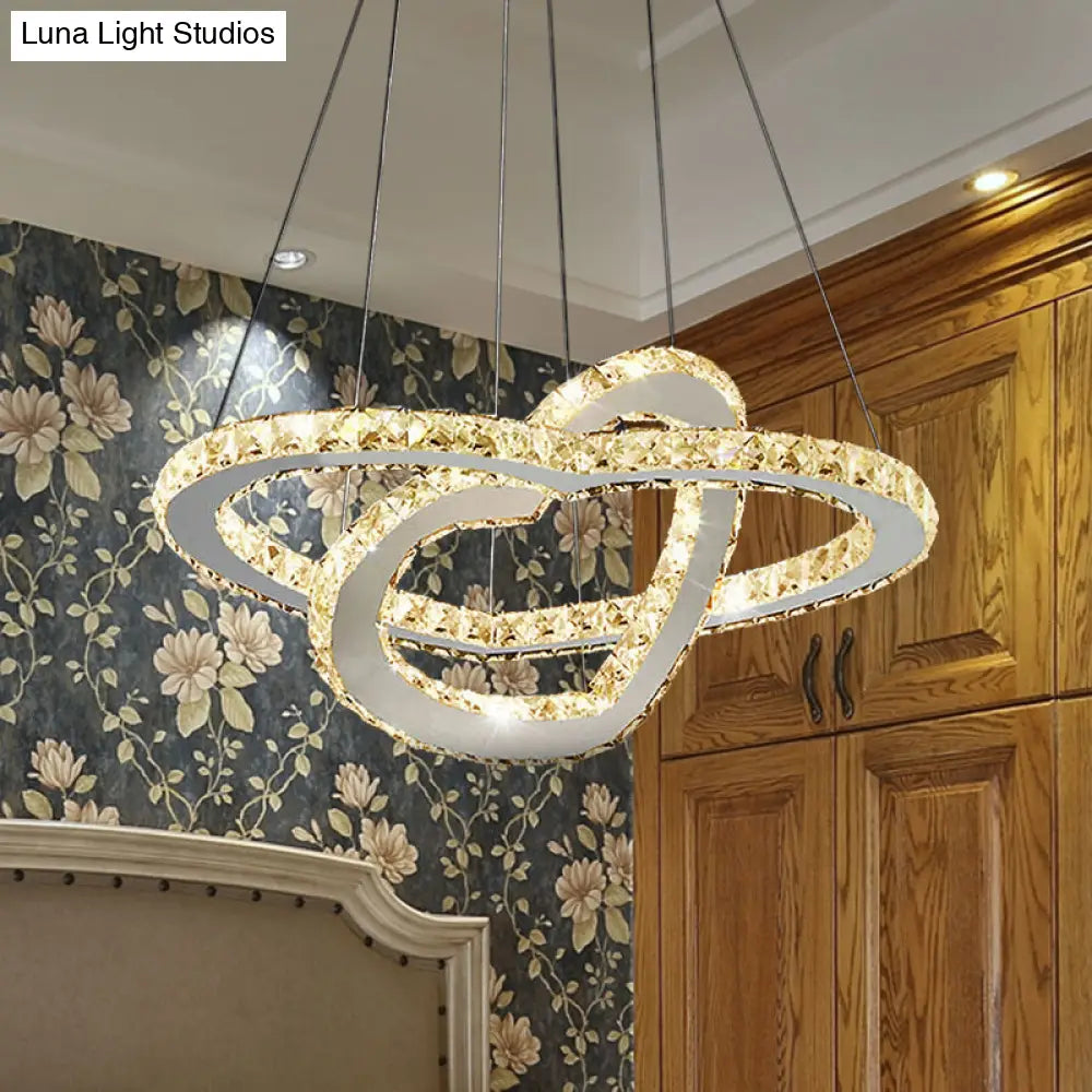 Dual Loving Heart Cut Crystal Chandelier Led Chrome Pendant Light In Warm/White