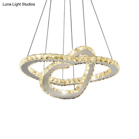 Dual Loving Heart Cut Crystal Chandelier Led Chrome Pendant Light In Warm/White