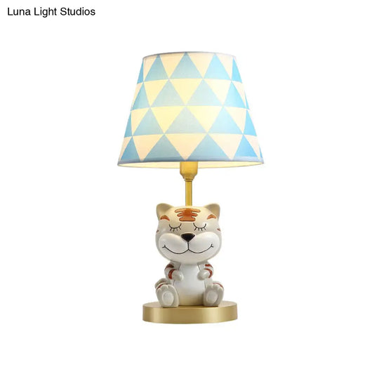 Kids Conical Triangle-Print Fabric Table Light - Single Bulb Pink/Blue Night Stand Lamp With Tiger