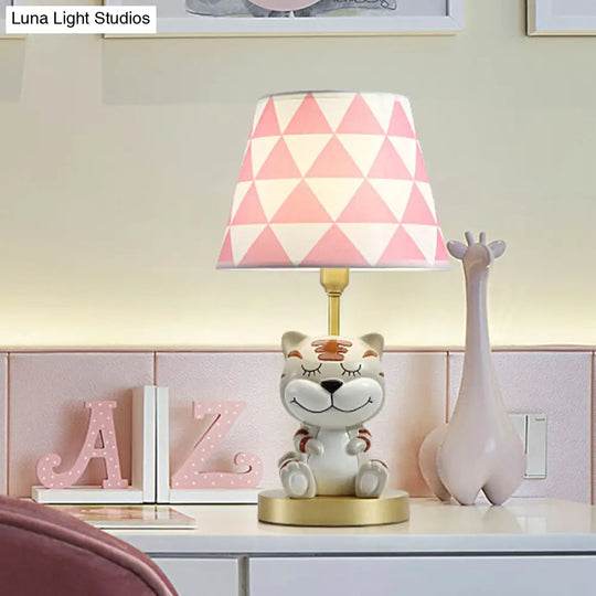 Kids Conical Triangle-Print Fabric Table Light - Single Bulb Pink/Blue Night Stand Lamp With Tiger