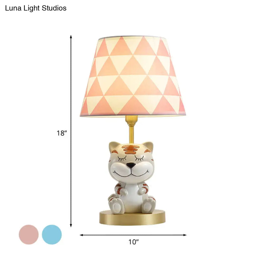 Kids Conical Triangle-Print Fabric Table Light - Single Bulb Pink/Blue Night Stand Lamp With Tiger