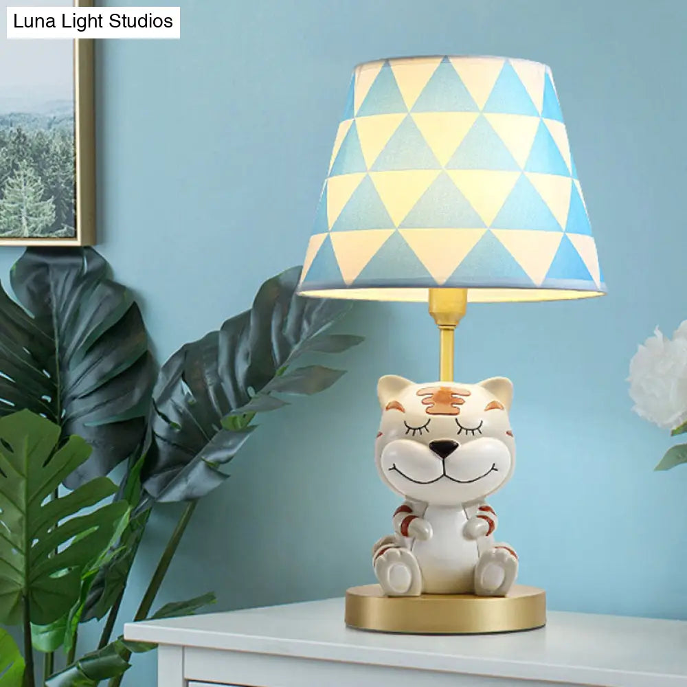 Kids Conical Triangle-Print Fabric Table Light - Single Bulb Pink/Blue Night Stand Lamp With Tiger