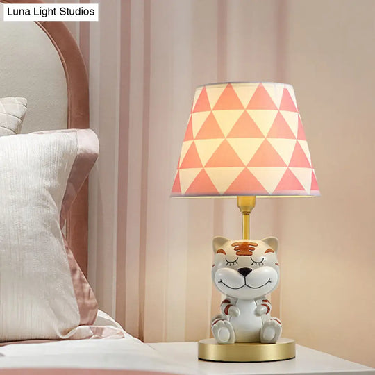 Kids Conical Triangle-Print Fabric Table Light - Single Bulb Pink/Blue Night Stand Lamp With Tiger