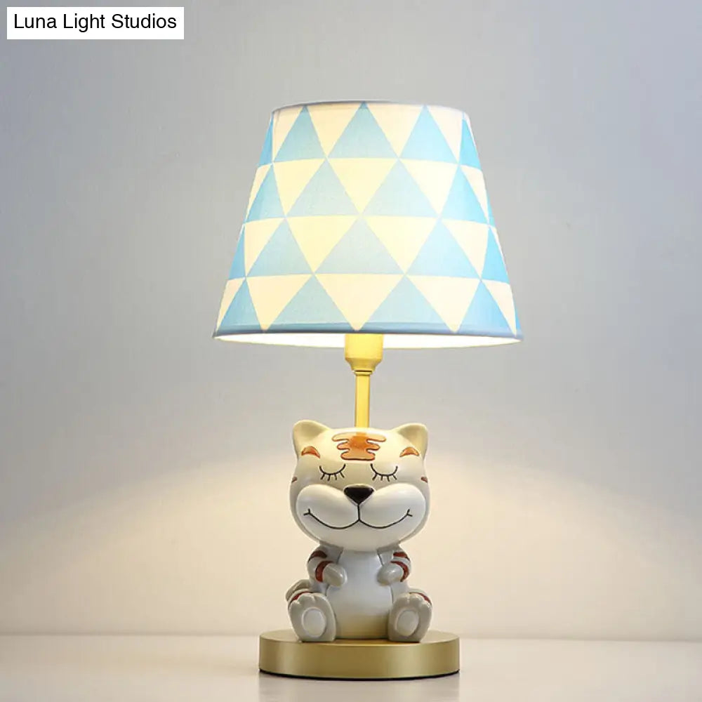 Kids Conical Triangle-Print Fabric Table Light - Single Bulb Pink/Blue Night Stand Lamp With Tiger