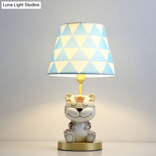 Kids Conical Triangle-Print Fabric Table Light - Single Bulb Pink/Blue Night Stand Lamp With Tiger