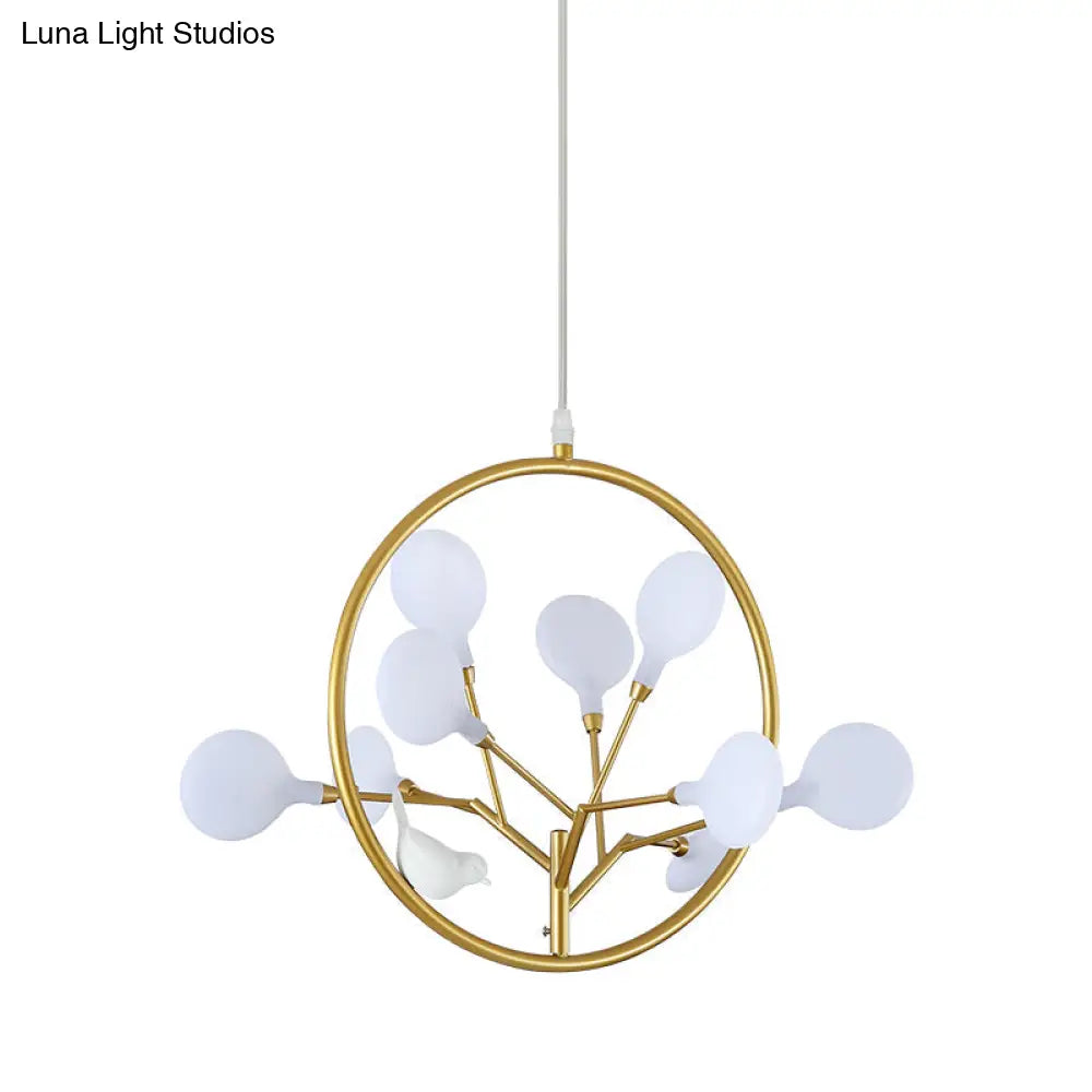 Eden - Elegant 9 Lights Branch Pendant Lamp With Bird Deco Metallic Hanging Light In Gold For Cloth