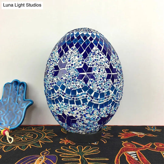 Egg Shaped Hand Rolled Art Glass Night Light - Traditional Bedroom Lamp (1 White/Red/Blue)