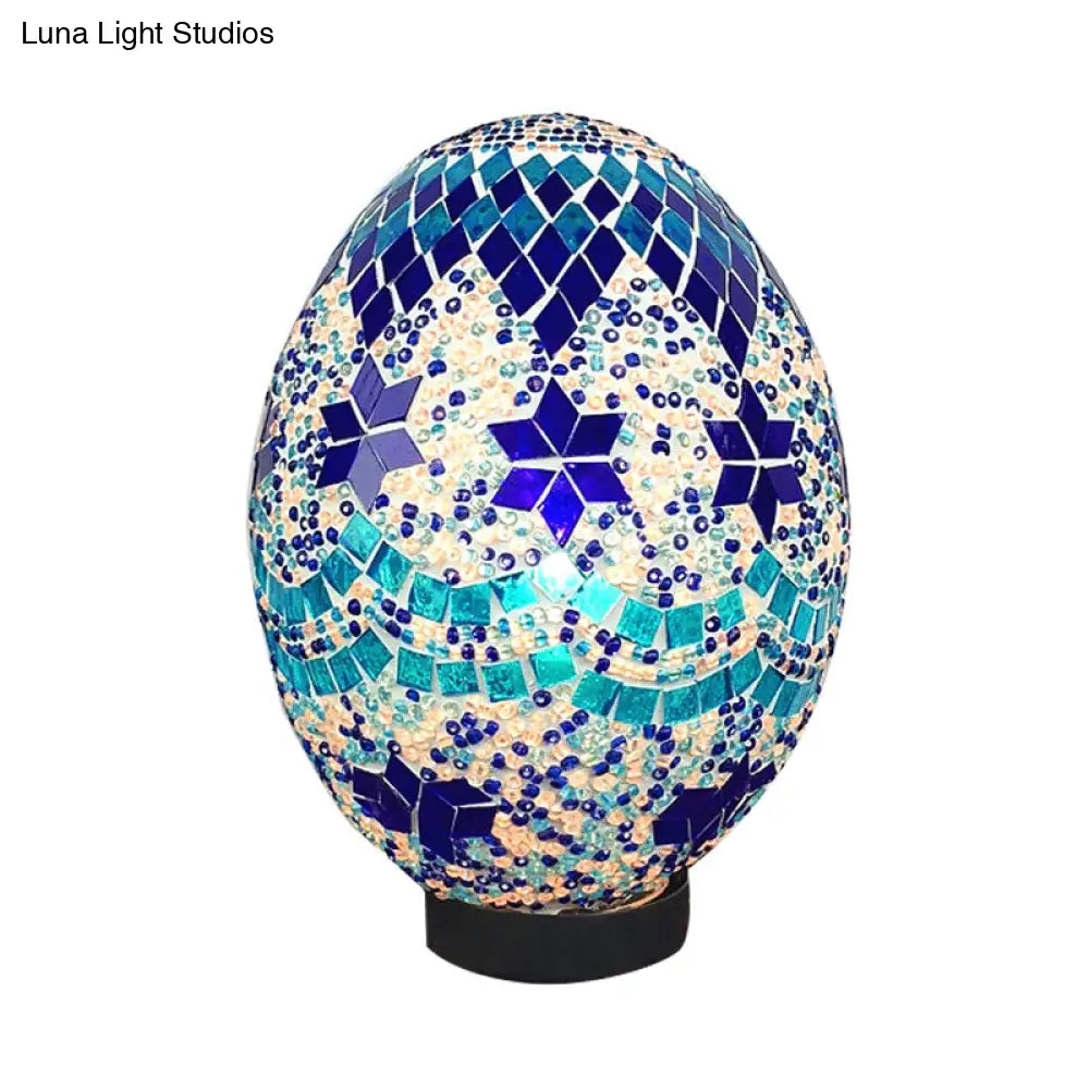 Egg Shaped Hand Rolled Art Glass Night Light - Traditional Bedroom Lamp (1 White/Red/Blue)