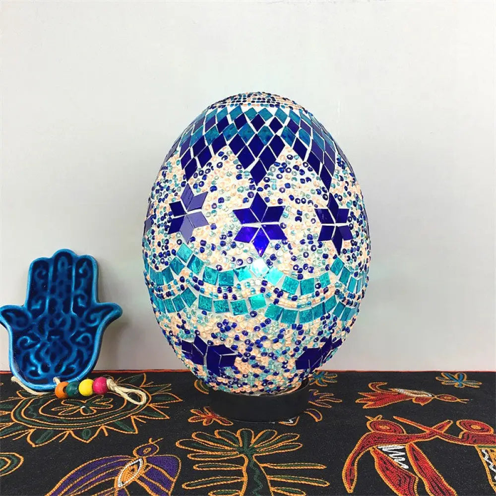 Egg Shaped Hand Rolled Art Glass Night Light - Traditional Bedroom Lamp (1 White/Red/Blue) Blue