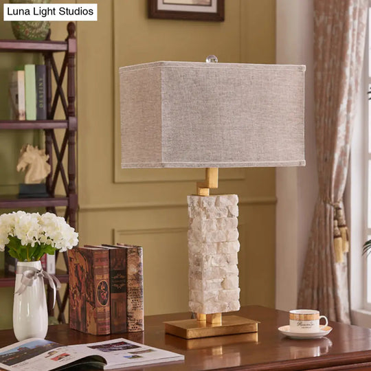 Traditional Flaxen Rectangular Table Lamp - Head Stone Night Stand Light With Fabric Shade