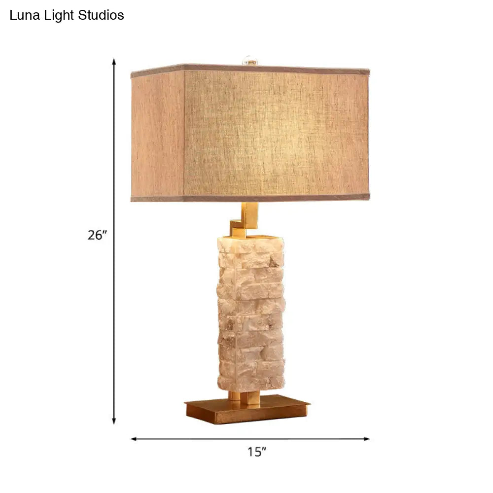 Traditional Flaxen Rectangular Table Lamp - Head Stone Night Stand Light With Fabric Shade