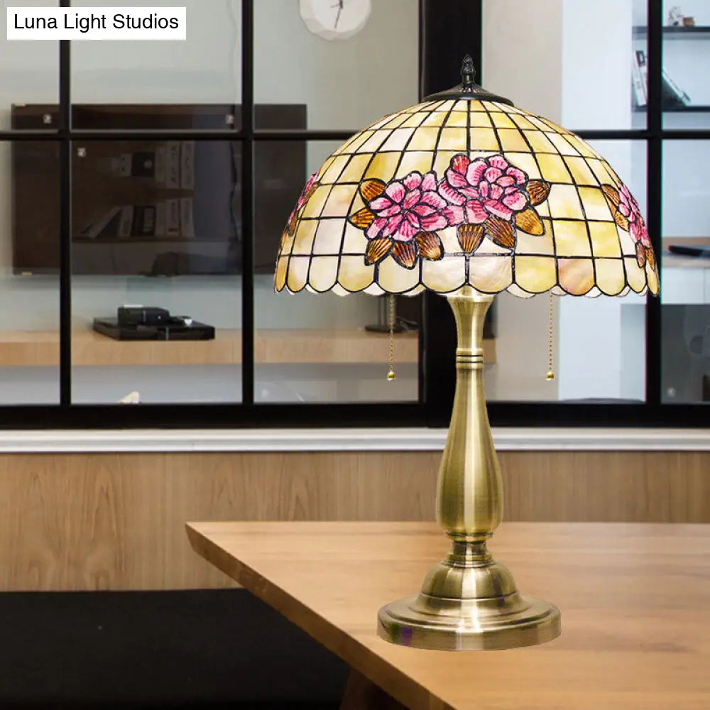 Tiffany Style Flower Pattern Grid Shell Table Lamp - 2 Bulbs & Gold Finish With Pull Chain