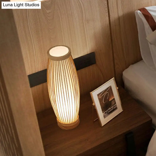 Elegant Bamboo Nightstand Lamp: Asian Style Table Lighting With Wood Base For Tea Room