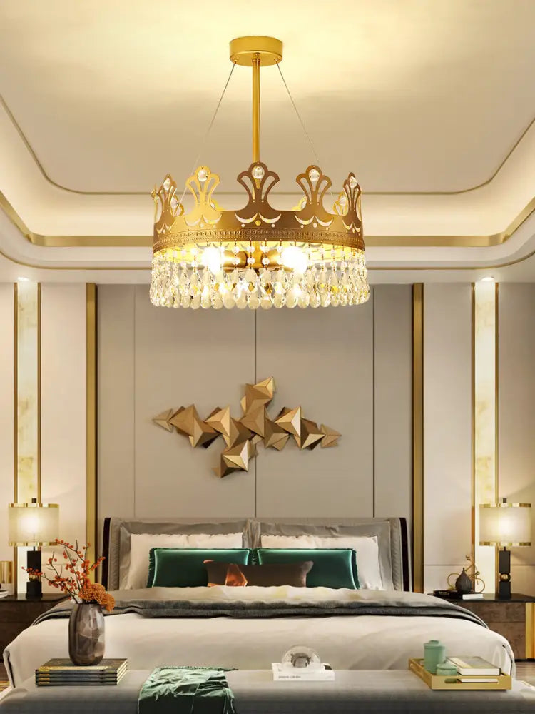 Elegant Brass Crown Chandelier Lamp Simplicity Metal Pendant Lighting With Crystal Drops For Bedroom