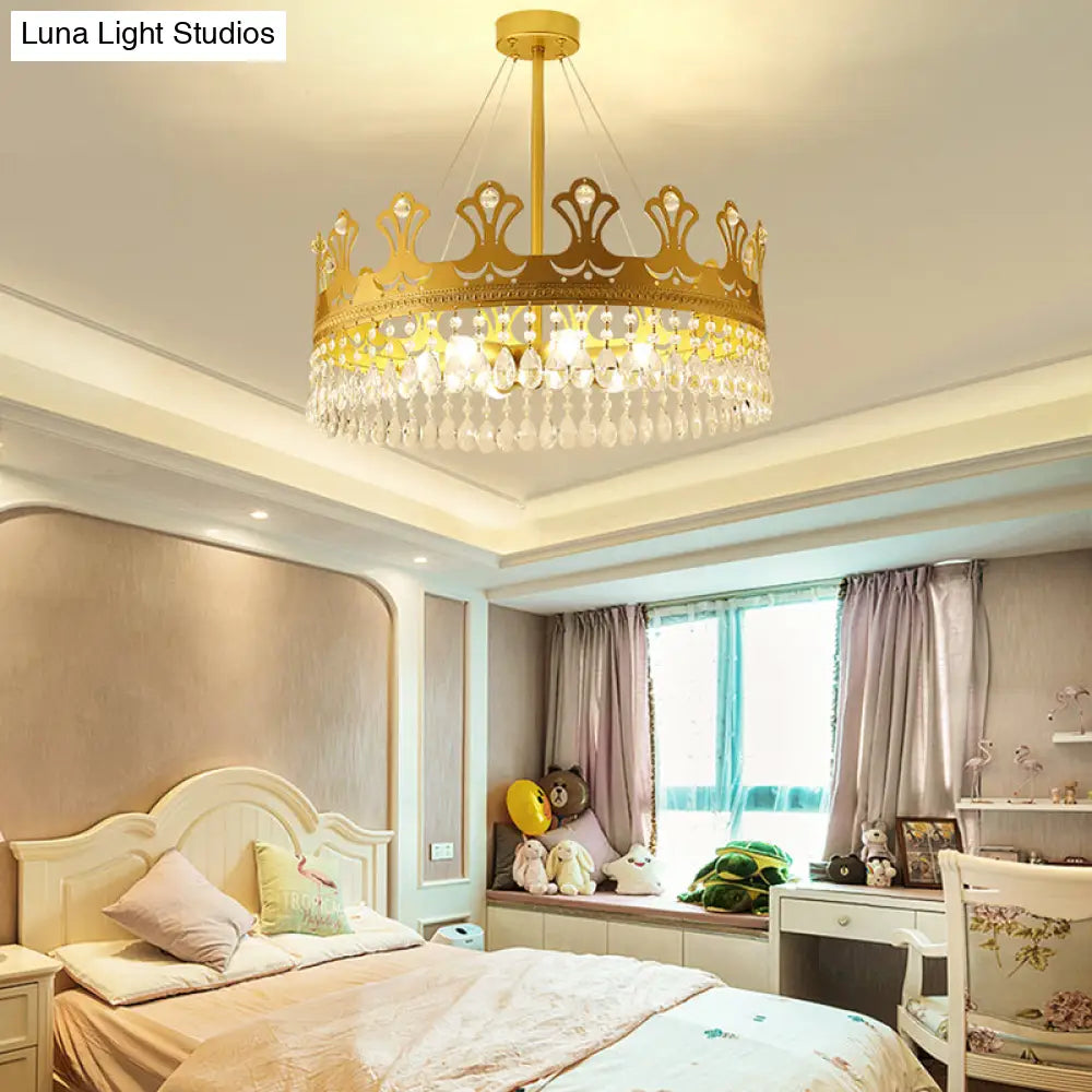 Elegant Brass Crown Chandelier Lamp Simplicity Metal Pendant Lighting With Crystal Drops For Bedroom