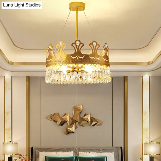 Elegant Brass Crown Chandelier Lamp Simplicity Metal Pendant Lighting With Crystal Drops For Bedroom