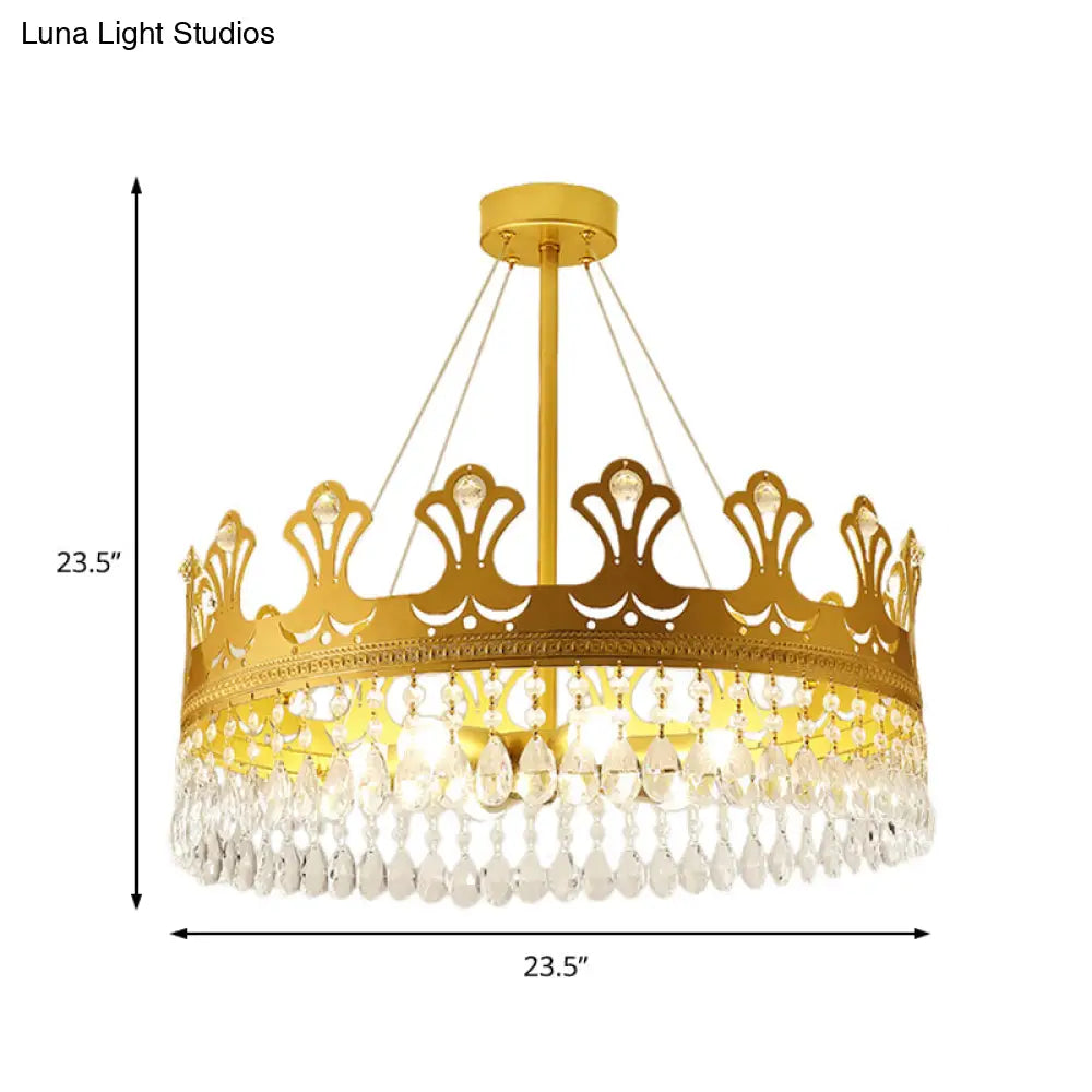 Elegant Brass Crown Chandelier Lamp Simplicity Metal Pendant Lighting With Crystal Drops For Bedroom