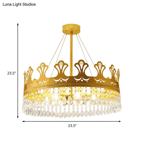 Elegant Brass Crown Chandelier Lamp Simplicity Metal Pendant Lighting With Crystal Drops For Bedroom