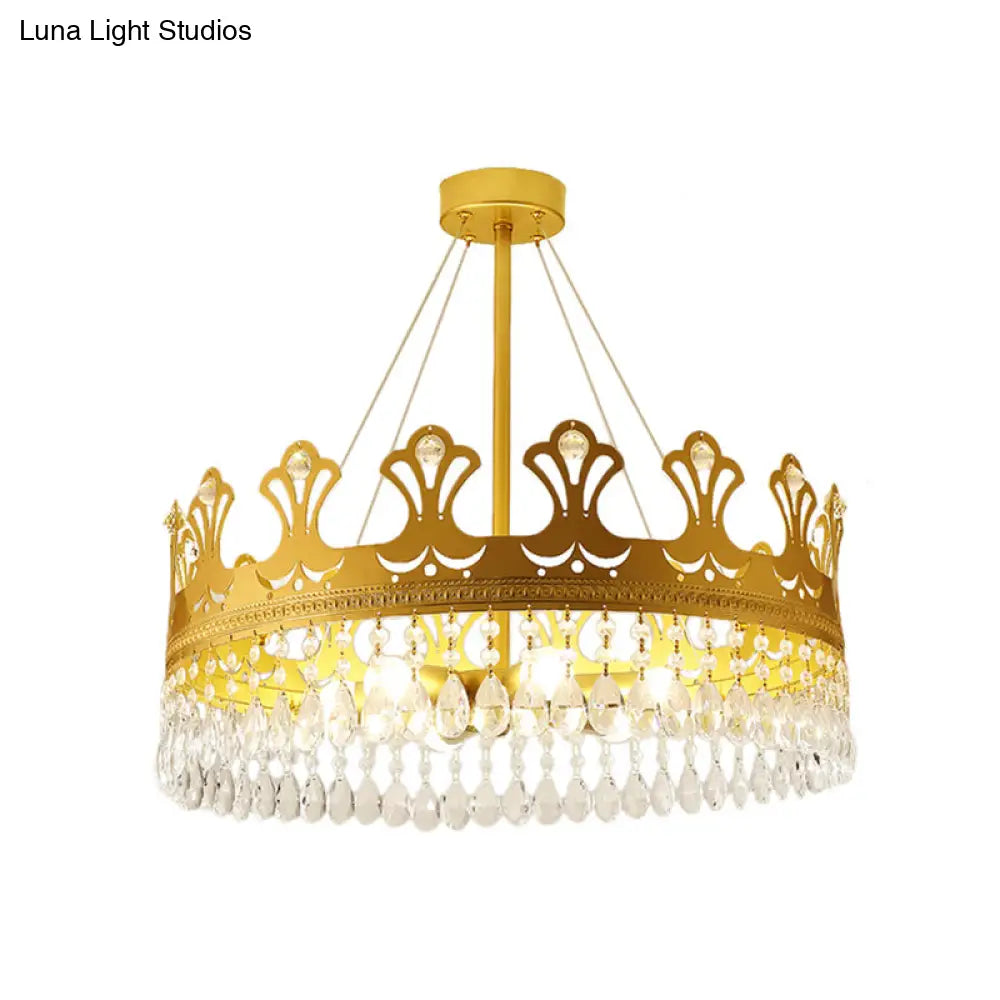 Elegant Brass Crown Chandelier Lamp Simplicity Metal Pendant Lighting With Crystal Drops For Bedroom