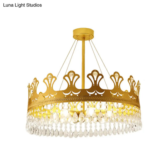 Elegant Brass Crown Chandelier Lamp Simplicity Metal Pendant Lighting With Crystal Drops For Bedroom