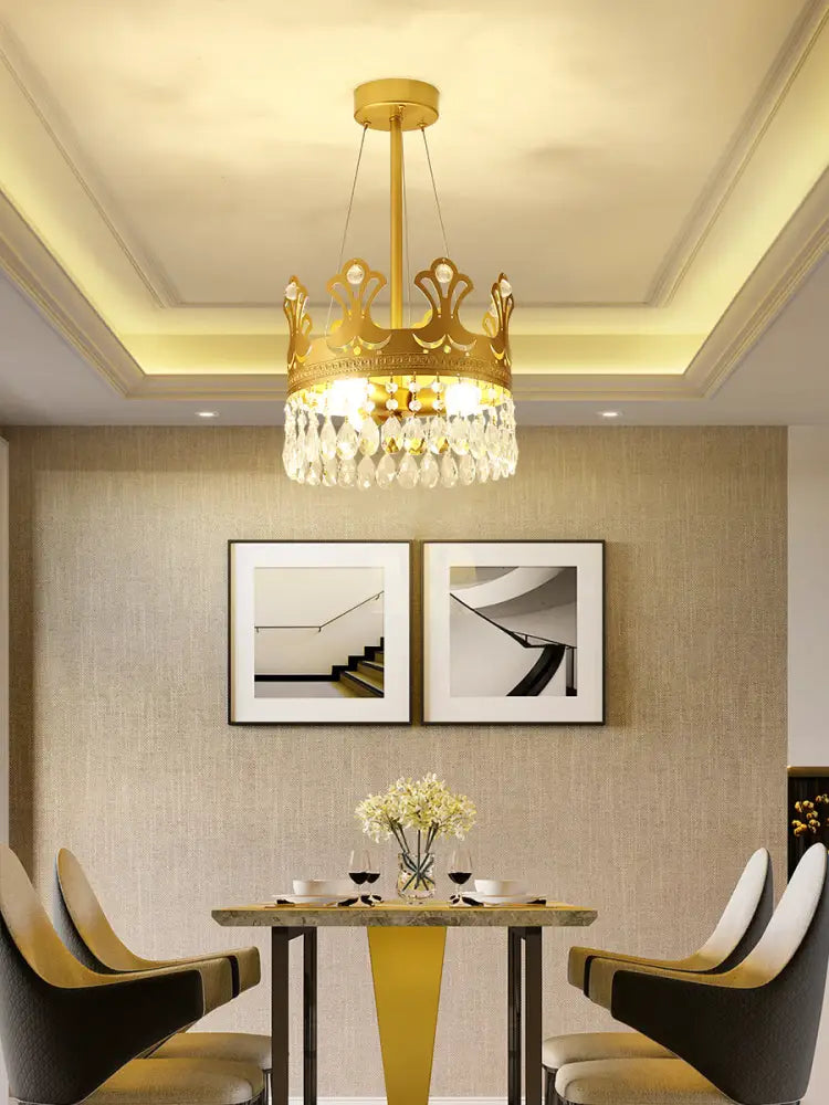 Elegant Brass Crown Chandelier Lamp Simplicity Metal Pendant Lighting With Crystal Drops For Bedroom