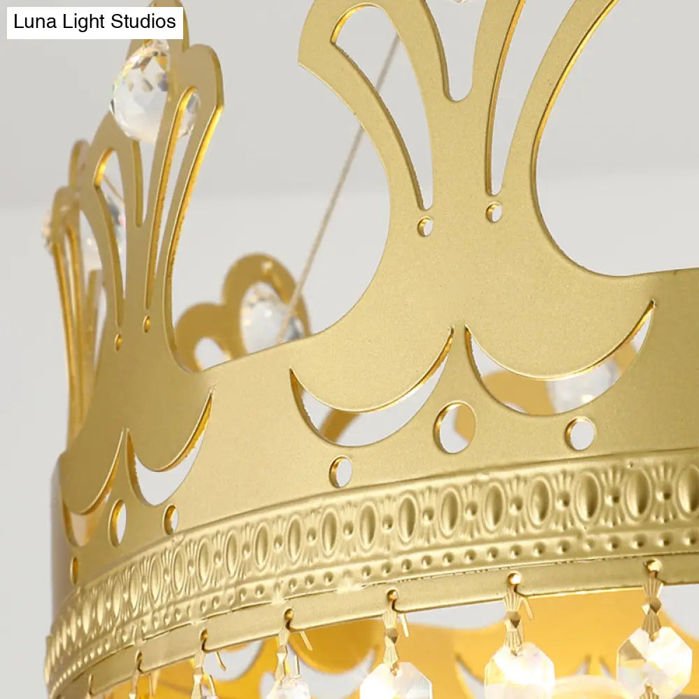 Elegant Brass Crown Chandelier Lamp Simplicity Metal Pendant Lighting With Crystal Drops For Bedroom