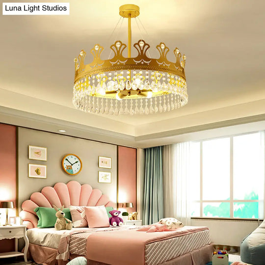 Elegant Brass Crown Chandelier Lamp Simplicity Metal Pendant Lighting With Crystal Drops For Bedroom